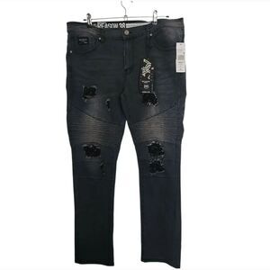 Reason Men's Dark Gray Highly Distressed Textured Jeans Straight Leg Size 38